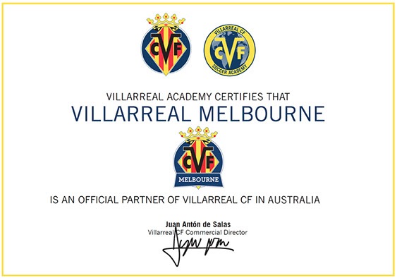 Villarreal Academy certificate confirming the club as an official partner of Villarreal CF in Australia, signed by Juan Antón de Salas, Villarreal CF Commercial Director